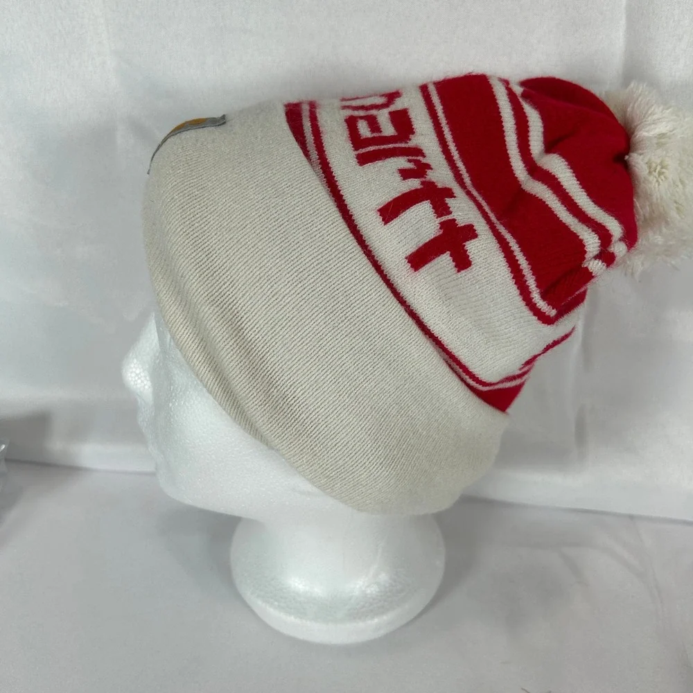 Carhartt Pom Pom Beanie Hat Red White Striped Knit Cuffed Logo One Size
